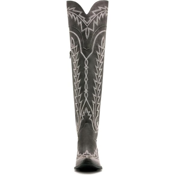 Embroidered Lace up Cowgirl Boots Grey Faux Leather Over the Knee Small Heels - Picture 3 of 7